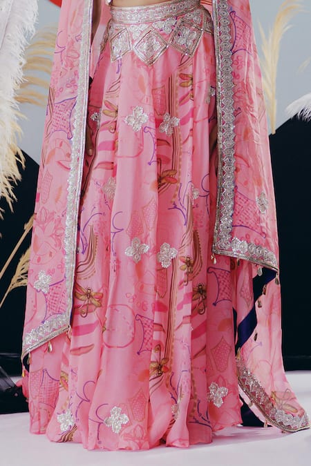 Krisha Sunny Ramani Pink Organza, Silk Sequins, Beads Square Neck Designer Lehenga Set Online at Aza Fashions Krisha Sunny Ramani_Pink Organza, Silk Sequins, Beads Square Neck Designer Lehenga Set _Online_at_Aza_Fashions