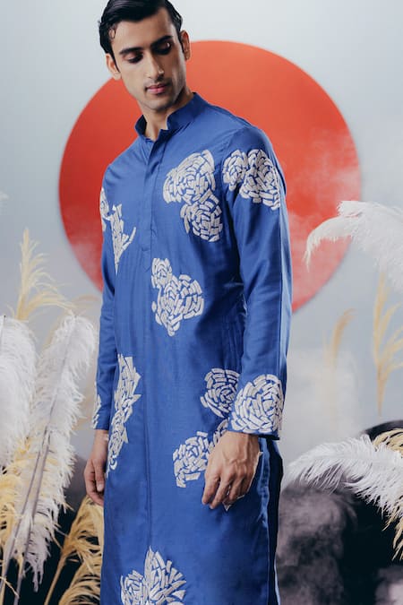 Buy_Krisha Sunny Ramani_Blue Cotton, Silk Cut Work Cutdana Embroidered Kurta Set _Online_at_Aza_Fashions