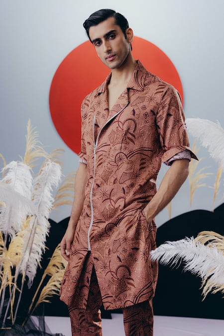 Buy_Krisha Sunny Ramani_Brown Cotton Satin Embroidery Printed Kurta And Pant Set _Online_at_Aza_Fashions