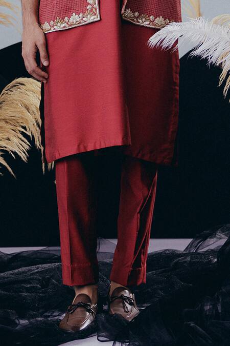 Krisha Sunny Ramani_Maroon Crepe, Cotton, Silk Zari, Embroidery Zardosi Nehru Jacket Set _Online_at_Aza_Fashions