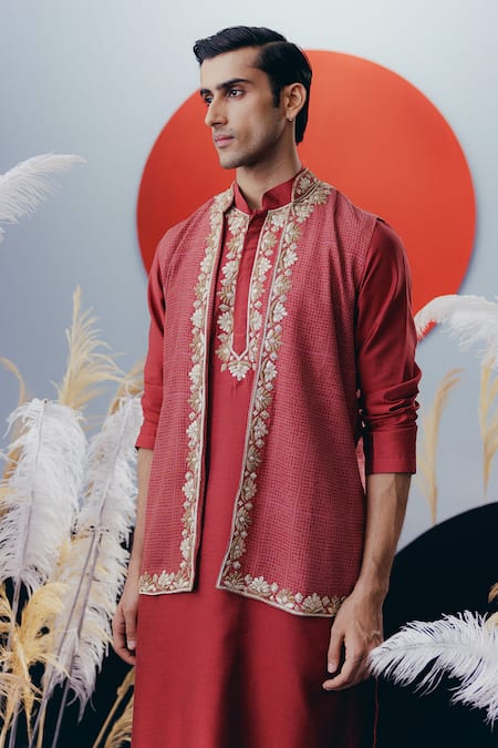 Buy_Krisha Sunny Ramani_Maroon Crepe, Cotton, Silk Zari, Embroidery Zardosi Nehru Jacket Set _Online_at_Aza_Fashions