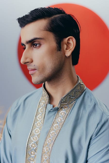 Krisha Sunny Ramani Blue Cotton, Silk Cut Work Designer Kurta Set Online at Aza Fashions Krisha Sunny Ramani_Blue Cotton, Silk Cut Work Designer Kurta Set _Online_at_Aza_Fashions