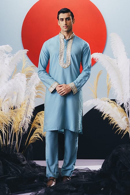 Krisha Sunny Ramani Blue Cotton, Silk Cut Work Designer Kurta Set