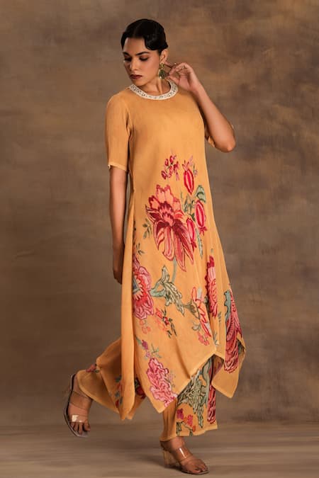 Shop Preeti Mehta Yellow Georgette, Viscose Embroidery Round Neck Marigold Muse Kurta And Pant Set at Aza Fashions Shop_Preeti Mehta_Yellow Georgette, Viscose Embroidery Round Neck Marigold Muse Kurta And Pant Set _at_Aza_Fashions