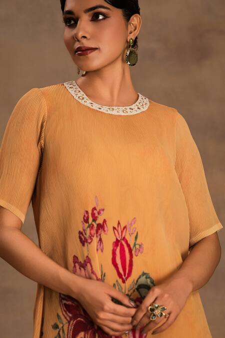 Shop Preeti Mehta Yellow Georgette, Viscose Embroidery Round Neck Marigold Muse Kurta And Pant Set Online at Aza Fashions Shop_Preeti Mehta_Yellow Georgette, Viscose Embroidery Round Neck Marigold Muse Kurta And Pant Set _Online_at_Aza_Fashions