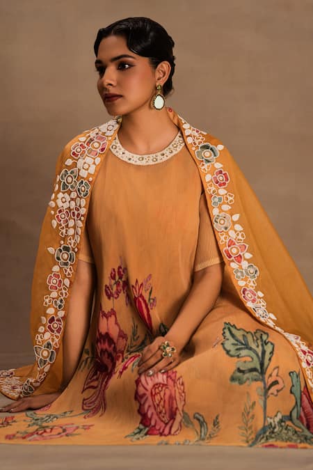 Buy Preeti Mehta Yellow Georgette, Viscose Embroidery Round Neck Marigold Muse Kurta And Pant Set Buy_Preeti Mehta_Yellow Georgette, Viscose Embroidery Round Neck Marigold Muse Kurta And Pant Set