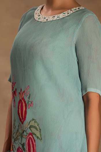 Preeti Mehta_Blue Georgette, Viscose Embroidery Round Vintage Fern And Flore Kurta Pant Set _Online_at_Aza_Fashions