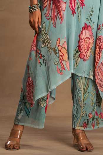 Buy_Preeti Mehta_Blue Georgette, Viscose Embroidery Round Vintage Fern And Flore Kurta Pant Set _Online_at_Aza_Fashions