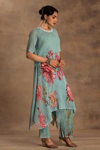 Shop_Preeti Mehta_Blue Georgette, Viscose Embroidery Round Vintage Fern And Flore Kurta Pant Set _Online_at_Aza_Fashions