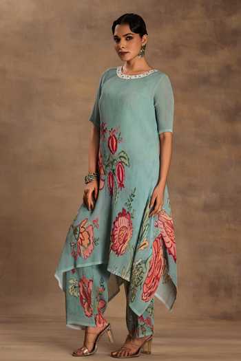 Preeti Mehta_Blue Georgette, Viscose Embroidery Round Vintage Fern And Flore Kurta Pant Set _at_Aza_Fashions