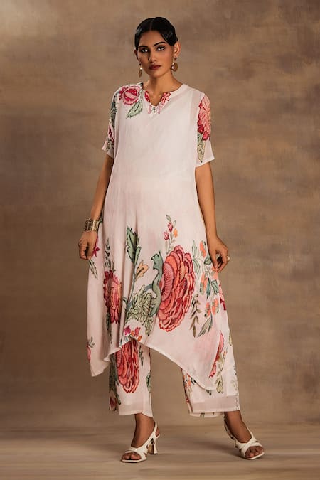 Preeti Mehta Ivory Georgette, Viscose Embroidery Round Neck Moonlight Pearl Kurta And Pant Set 