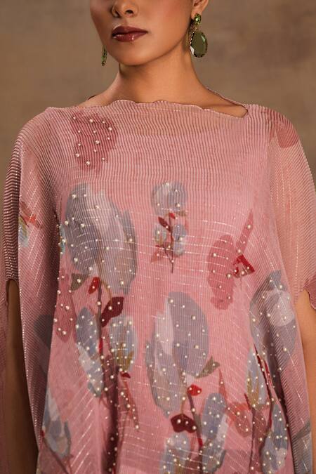 Preeti Mehta_Pink Lurex, Chiffon Embroidery, Beads Round Neck Lotus Affair Kaftan And Pant _Online_at_Aza_Fashions