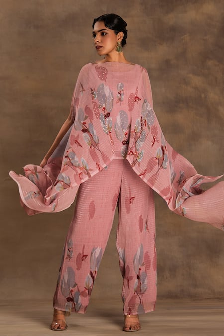 Buy_Preeti Mehta_Pink Lurex, Chiffon Embroidery, Beads Round Neck Lotus Affair Kaftan And Pant _Online_at_Aza_Fashions