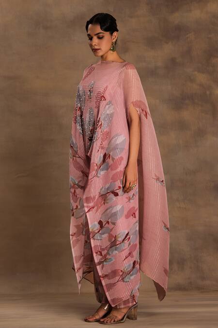 Shop_Preeti Mehta_Pink Lurex, Chiffon Embroidery, Beads Round Neck Lotus Affair Kaftan And Pant _Online_at_Aza_Fashions