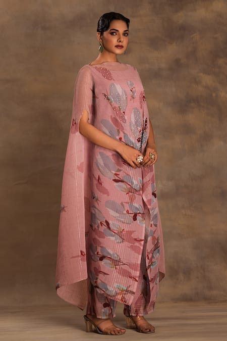 Preeti Mehta_Pink Lurex, Chiffon Embroidery, Beads Round Neck Lotus Affair Kaftan And Pant _at_Aza_Fashions