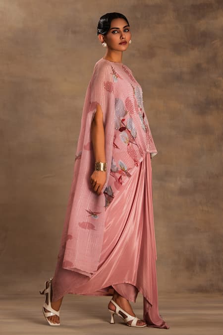Shop Preeti Mehta Pink Lurex, Chiffon Beads Round Neck Pakeezah Kaftan And Dhoti Skirt Online at Aza Fashions Shop_Preeti Mehta_Pink Lurex, Chiffon Beads Round Neck Pakeezah Kaftan And Dhoti Skirt _Online_at_Aza_Fashions