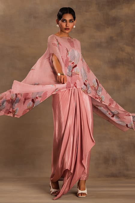 Preeti Mehta Pink Lurex, Chiffon Beads Round Neck Pakeezah Kaftan And Dhoti Skirt at Aza Fashions Preeti Mehta_Pink Lurex, Chiffon Beads Round Neck Pakeezah Kaftan And Dhoti Skirt _at_Aza_Fashions