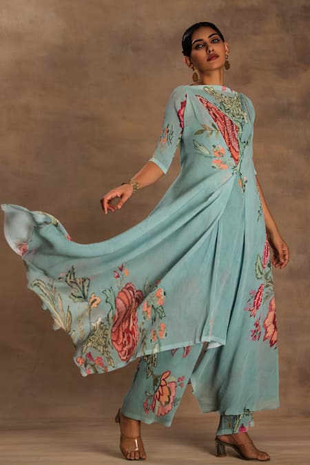 Preeti Mehta Emerald Green Georgette Embroidery Round Neck The Vintage Pine Kurta And Pant Set Online at Aza Fashions Preeti Mehta_Emerald Green Georgette Embroidery Round Neck The Vintage Pine Kurta And Pant Set _Online_at_Aza_Fashions