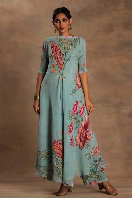 Preeti Mehta Emerald Green Georgette Embroidery Round Neck The Vintage Pine Kurta And Pant Set 