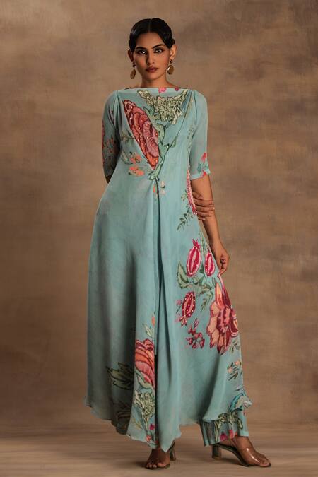 Buy Preeti Mehta Emerald Green Georgette Embroidery Round Neck The Vintage Pine Kurta And Pant Set Online at Aza Fashions Buy_Preeti Mehta_Emerald Green Georgette Embroidery Round Neck The Vintage Pine Kurta And Pant Set _Online_at_Aza_Fashions