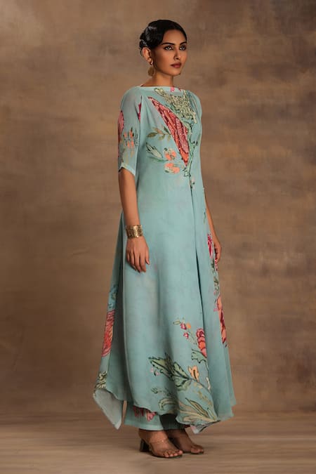 Shop Preeti Mehta Emerald Green Georgette Embroidery Round Neck The Vintage Pine Kurta And Pant Set Online at Aza Fashions Shop_Preeti Mehta_Emerald Green Georgette Embroidery Round Neck The Vintage Pine Kurta And Pant Set _Online_at_Aza_Fashions