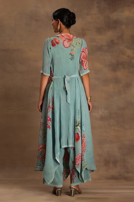 Shop Preeti Mehta Emerald Green Georgette Embroidery Round Neck The Vintage Pine Kurta And Pant Set at Aza Fashions Shop_Preeti Mehta_Emerald Green Georgette Embroidery Round Neck The Vintage Pine Kurta And Pant Set _at_Aza_Fashions