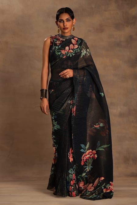 Preeti Mehta Black Silk, Chiffon Embroidery Round Forest Flora Pre-draped Saree With Blouse 