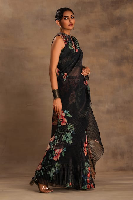 Preeti Mehta Black Silk, Chiffon Embroidery Round Forest Flora Pre-draped Saree With Blouse Online at Aza Fashions Preeti Mehta_Black Silk, Chiffon Embroidery Round Forest Flora Pre-draped Saree With Blouse _Online_at_Aza_Fashions