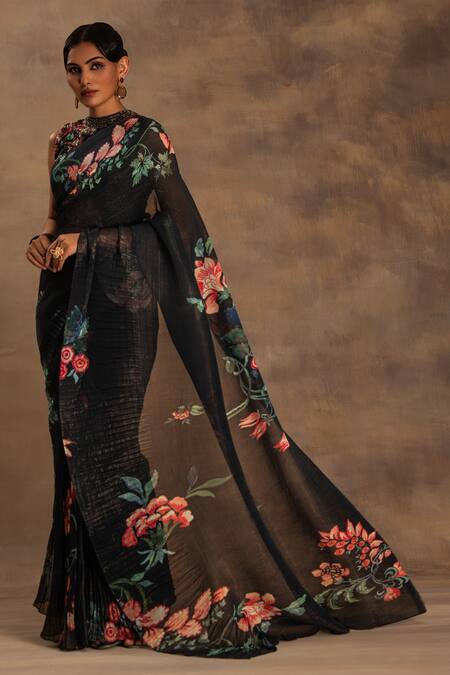Shop Preeti Mehta Black Silk, Chiffon Embroidery Round Forest Flora Pre-draped Saree With Blouse Online at Aza Fashions Shop_Preeti Mehta_Black Silk, Chiffon Embroidery Round Forest Flora Pre-draped Saree With Blouse _Online_at_Aza_Fashions