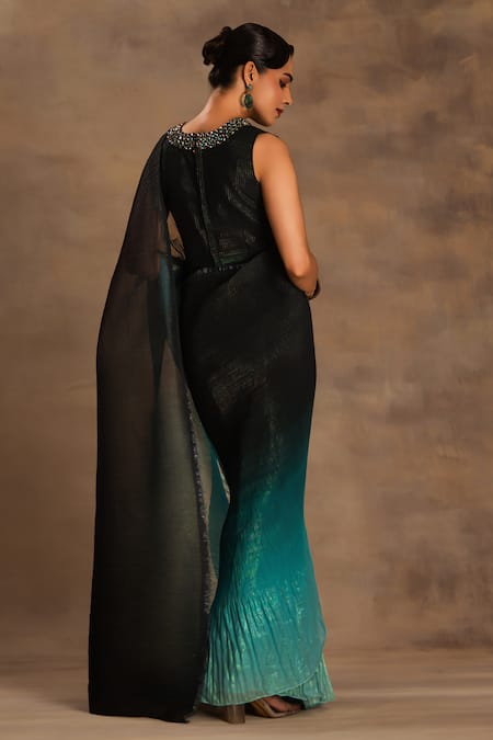 Shop Preeti Mehta Olive Green Silk, Chiffon Beads Round Neck Bahaar Begum Ombre Saree With Blouse at Aza Fashions Shop_Preeti Mehta_Olive Green Silk, Chiffon Beads Round Neck Bahaar Begum Ombre Saree With Blouse _at_Aza_Fashions