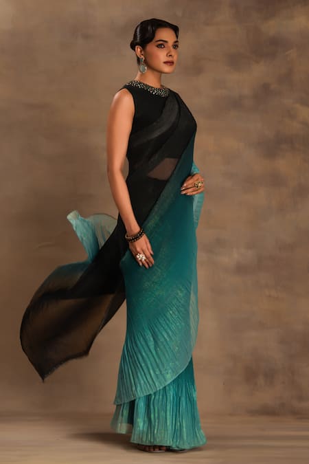 Preeti Mehta Olive Green Silk, Chiffon Beads Round Neck Bahaar Begum Ombre Saree With Blouse Online at Aza Fashions Preeti Mehta_Olive Green Silk, Chiffon Beads Round Neck Bahaar Begum Ombre Saree With Blouse _Online_at_Aza_Fashions