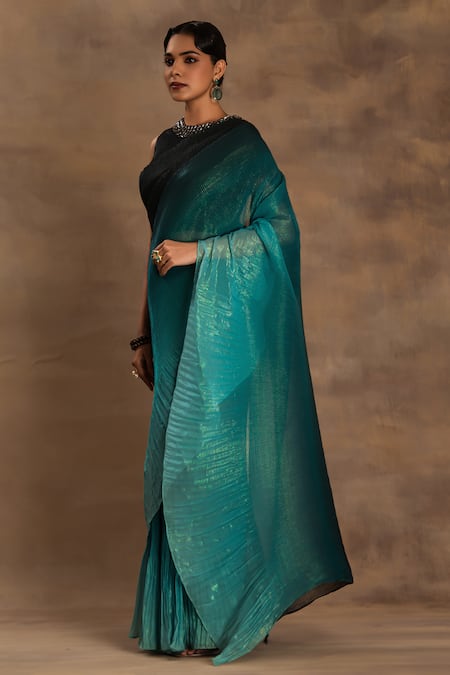 Shop Preeti Mehta Olive Green Silk, Chiffon Beads Round Neck Bahaar Begum Ombre Saree With Blouse Online at Aza Fashions Shop_Preeti Mehta_Olive Green Silk, Chiffon Beads Round Neck Bahaar Begum Ombre Saree With Blouse _Online_at_Aza_Fashions