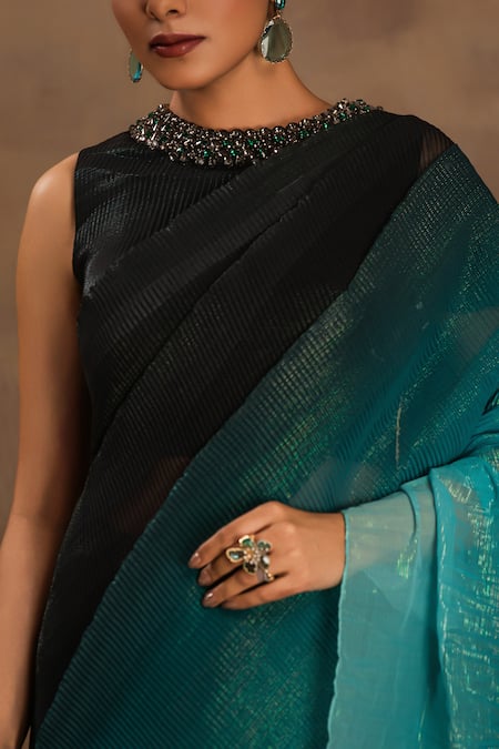 Preeti Mehta Olive Green Silk, Chiffon Beads Round Neck Bahaar Begum Ombre Saree With Blouse at Aza Fashions Preeti Mehta_Olive Green Silk, Chiffon Beads Round Neck Bahaar Begum Ombre Saree With Blouse _at_Aza_Fashions