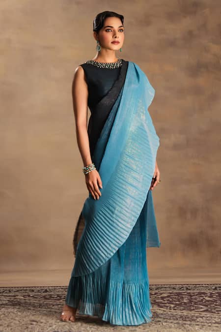 Preeti Mehta Blue Silk, Chiffon, Lurex Beads Twilight Ombre Pre-draped Saree With Blouse Online at Aza Fashions Preeti Mehta_Blue Silk, Chiffon, Lurex Beads Twilight Ombre Pre-draped Saree With Blouse _Online_at_Aza_Fashions