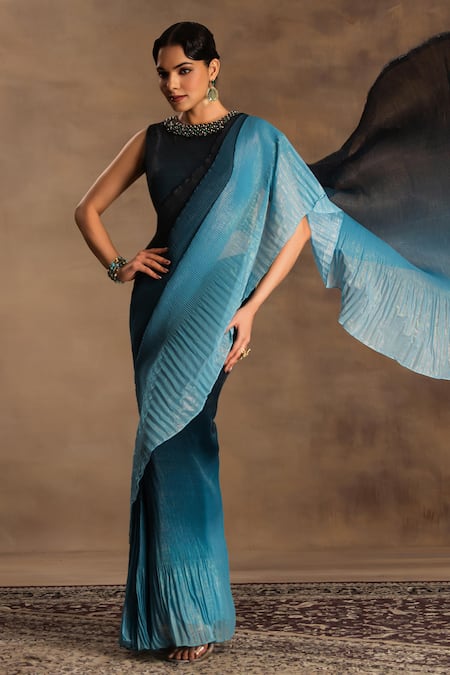 Buy Preeti Mehta Blue Silk, Chiffon, Lurex Beads Twilight Ombre Pre-draped Saree With Blouse Online at Aza Fashions Buy_Preeti Mehta_Blue Silk, Chiffon, Lurex Beads Twilight Ombre Pre-draped Saree With Blouse _Online_at_Aza_Fashions