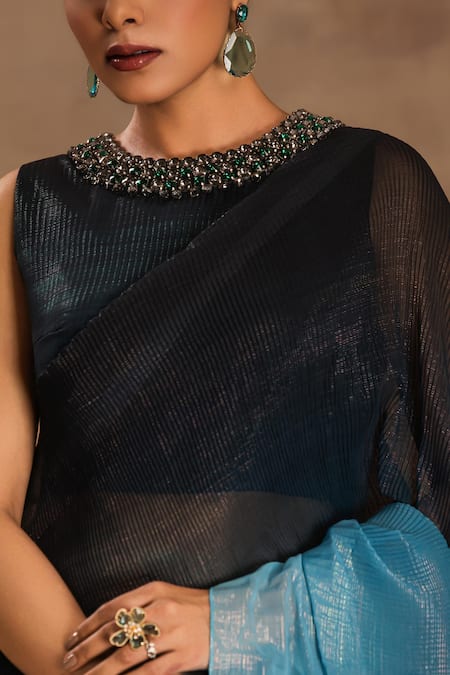 Shop Preeti Mehta Blue Silk, Chiffon, Lurex Beads Twilight Ombre Pre-draped Saree With Blouse Online at Aza Fashions Shop_Preeti Mehta_Blue Silk, Chiffon, Lurex Beads Twilight Ombre Pre-draped Saree With Blouse _Online_at_Aza_Fashions