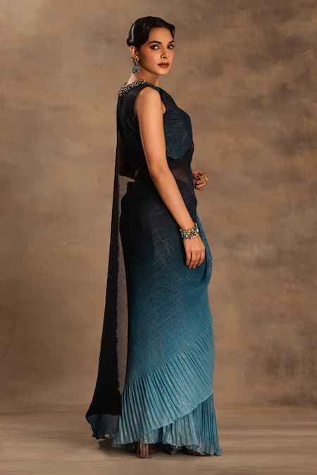 Preeti Mehta Blue Silk, Chiffon, Lurex Beads Twilight Ombre Pre-draped Saree With Blouse at Aza Fashions Preeti Mehta_Blue Silk, Chiffon, Lurex Beads Twilight Ombre Pre-draped Saree With Blouse _at_Aza_Fashions
