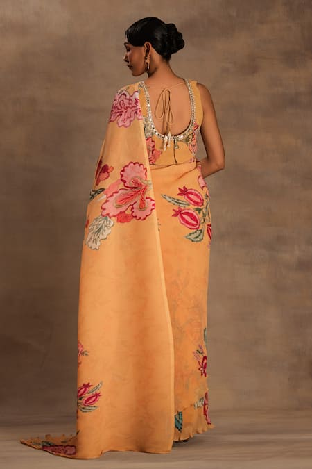 Shop Preeti Mehta Yellow Georgette Embroidery Round Neck Sunset Swing Pre-draped Saree With Blouse at Aza Fashions Shop_Preeti Mehta_Yellow Georgette Embroidery Round Neck Sunset Swing Pre-draped Saree With Blouse _at_Aza_Fashions