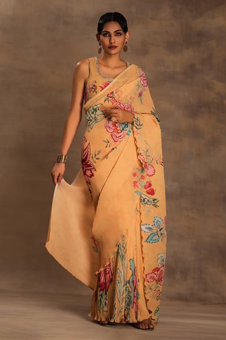 Preeti Mehta Yellow Georgette Embroidery Round Neck Sunset Swing Pre-draped Saree With Blouse Online at Aza Fashions Preeti Mehta_Yellow Georgette Embroidery Round Neck Sunset Swing Pre-draped Saree With Blouse _Online_at_Aza_Fashions