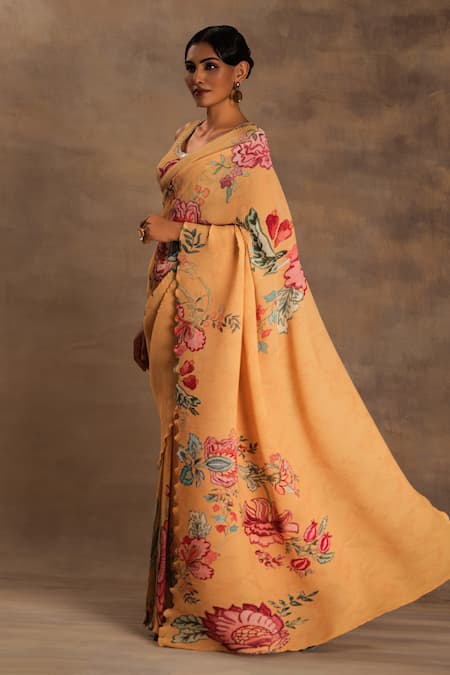 Buy Preeti Mehta Yellow Georgette Embroidery Round Neck Sunset Swing Pre-draped Saree With Blouse Online at Aza Fashions Buy_Preeti Mehta_Yellow Georgette Embroidery Round Neck Sunset Swing Pre-draped Saree With Blouse _Online_at_Aza_Fashions