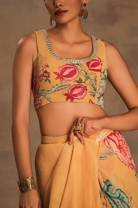 Shop Preeti Mehta Yellow Georgette Embroidery Round Neck Sunset Swing Pre-draped Saree With Blouse Online at Aza Fashions Shop_Preeti Mehta_Yellow Georgette Embroidery Round Neck Sunset Swing Pre-draped Saree With Blouse _Online_at_Aza_Fashions
