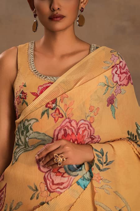 Buy Preeti Mehta Yellow Georgette Embroidery Round Neck Sunset Swing Pre-draped Saree With Blouse Buy_Preeti Mehta_Yellow Georgette Embroidery Round Neck Sunset Swing Pre-draped Saree With Blouse