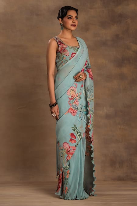 Preeti Mehta Green Georgette Sequins, Beads, Embroidery Blossom Pre-draped Saree With Blouse Online at Aza Fashions Preeti Mehta_Green Georgette Sequins, Beads, Embroidery Blossom Pre-draped Saree With Blouse _Online_at_Aza_Fashions