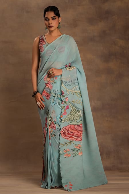 Buy Preeti Mehta Green Georgette Sequins, Beads, Embroidery Blossom Pre-draped Saree With Blouse Online at Aza Fashions Buy_Preeti Mehta_Green Georgette Sequins, Beads, Embroidery Blossom Pre-draped Saree With Blouse _Online_at_Aza_Fashions