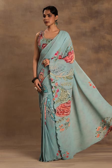 Preeti Mehta Green Georgette Sequins, Beads, Embroidery Blossom Pre-draped Saree With Blouse