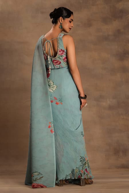 Shop Preeti Mehta Green Georgette Sequins, Beads, Embroidery Blossom Pre-draped Saree With Blouse at Aza Fashions Shop_Preeti Mehta_Green Georgette Sequins, Beads, Embroidery Blossom Pre-draped Saree With Blouse _at_Aza_Fashions