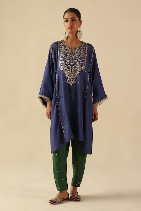 Begum Blue Silk Mirrors, Embroidery Notched Neck Parizad Kurta Pant Set 