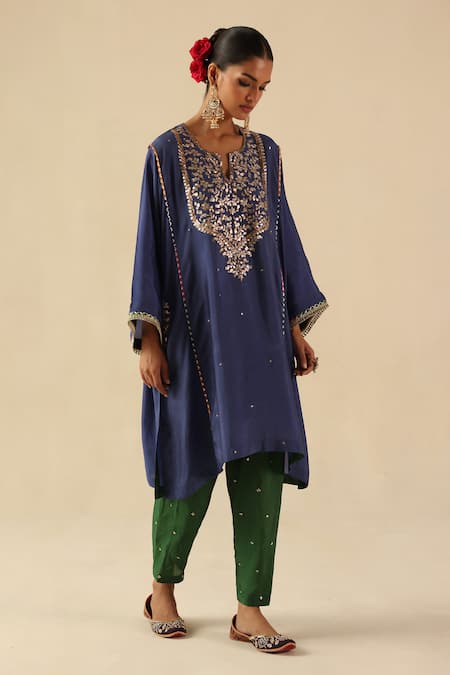 Shop_Begum_Blue Silk Mirrors, Embroidery Notched Neck Parizad Kurta Pant Set _Online_at_Aza_Fashions