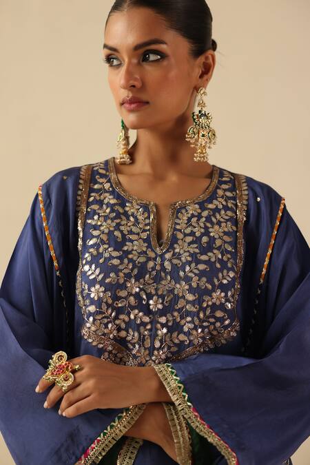 Shop_Begum_Blue Silk Mirrors, Embroidery Notched Neck Parizad Kurta Pant Set 