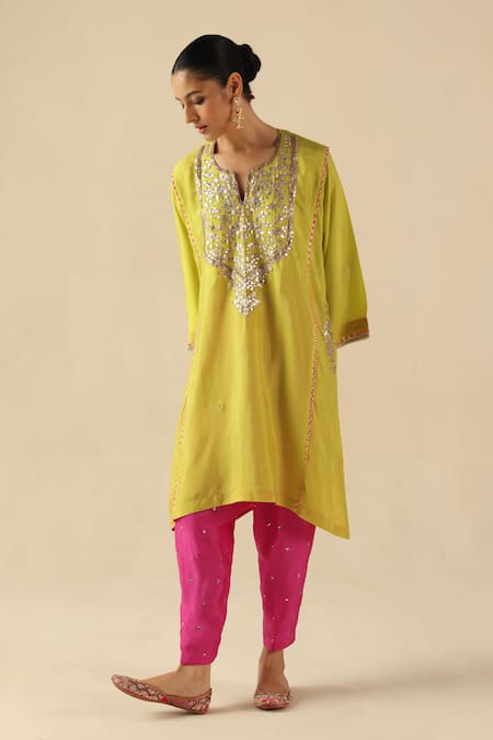 Shop_Begum_Green Silk Sequins, Embroidery Notched Neck Parizad Kurta Pant Set _Online_at_Aza_Fashions
